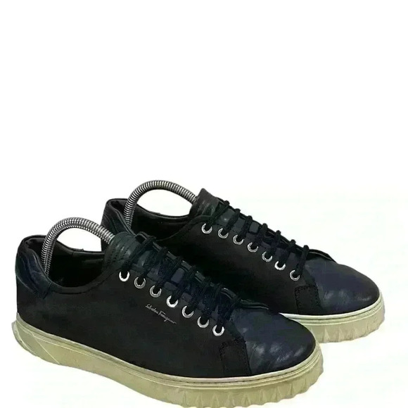 Salvatore Ferragamo Cube Italy Men's Navy Blue Leather  Low-Top Sneakers 7.5 M - Picture 4 of 15